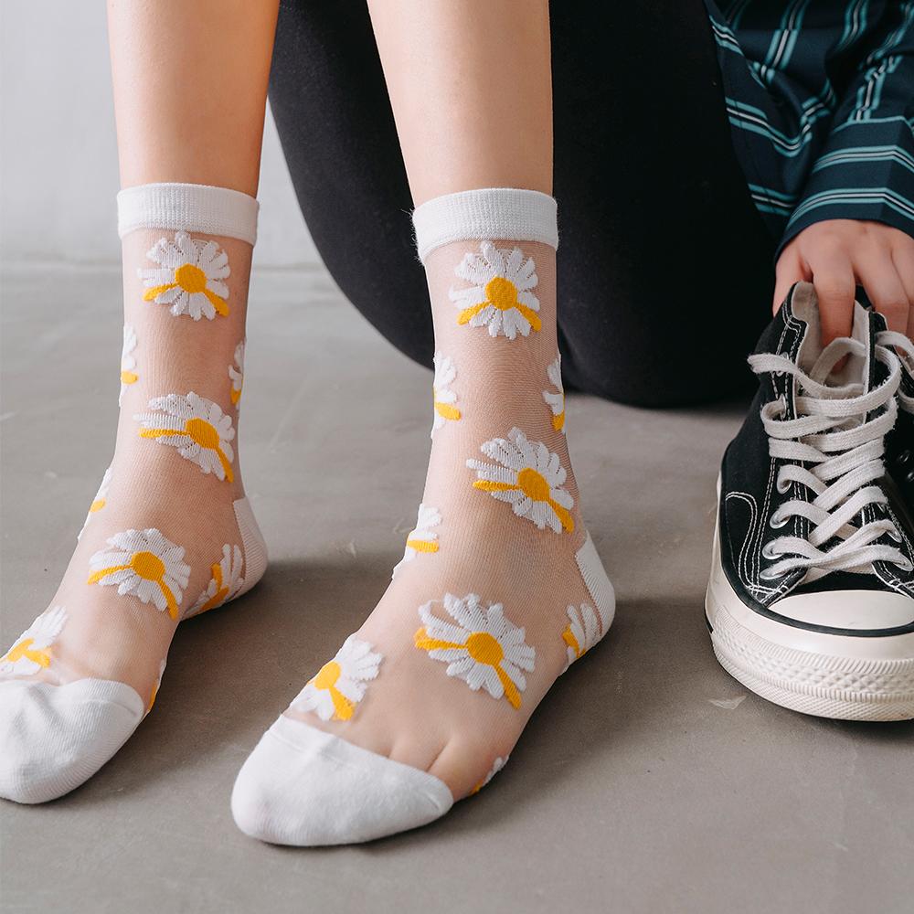 3 Pairs Of Women's Flower Socks Summer Crystal Glass Stockings Medium Short Tube Thin Transparent Daisy  Jacquard Elastic  Socks