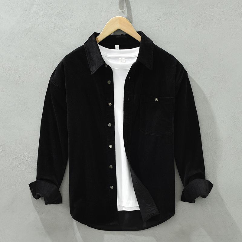 Spring Fall Shirts for Men Japanese Retro Style Corduroy Long Sleeve Men's Casual Shirt Daily Thin Coat Lapel Pocket 100 Cotton Button Shirt