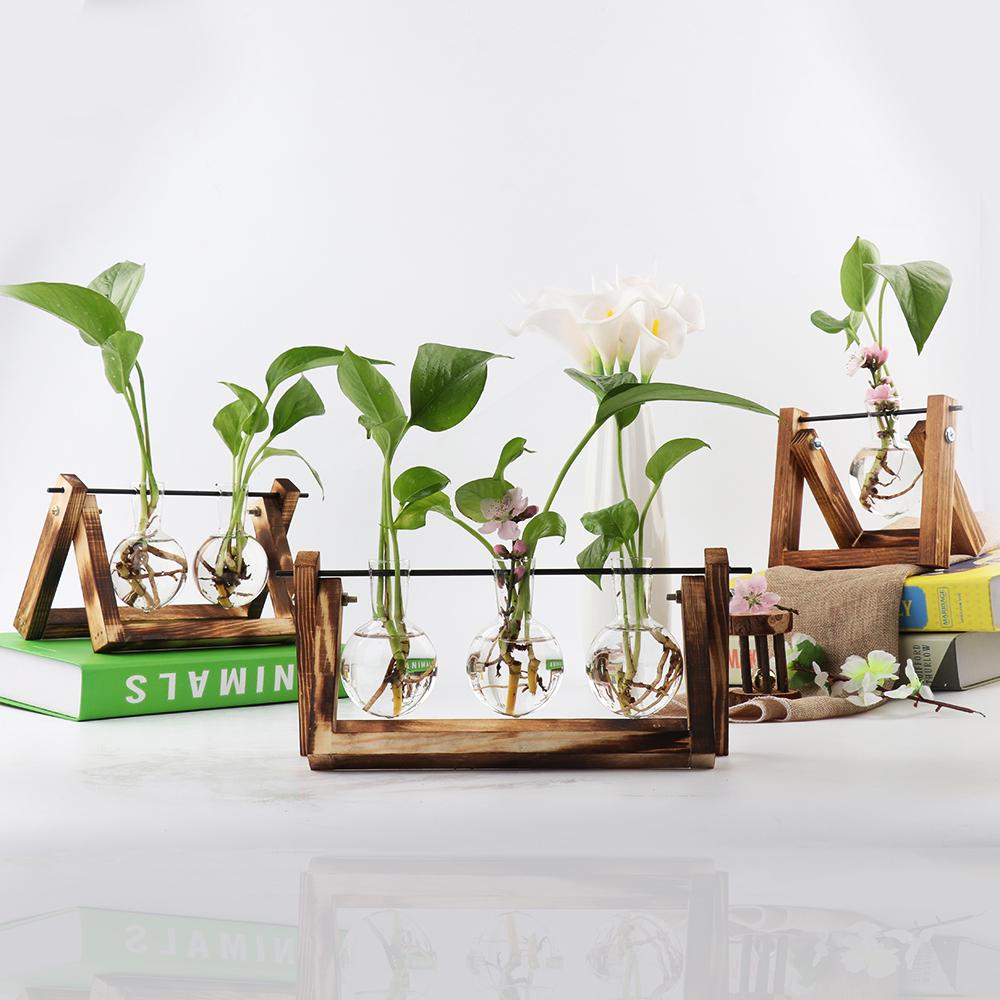 Vintage Wooden Frame Vase Plant Terrarium with Wooden Stand Glass Vase Desktop Glass Planter for