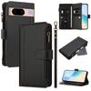For Google Pixel 8a Leather Case 9 Card Slots Zipper Wallet Stand Phone Cover with Wrist Strap