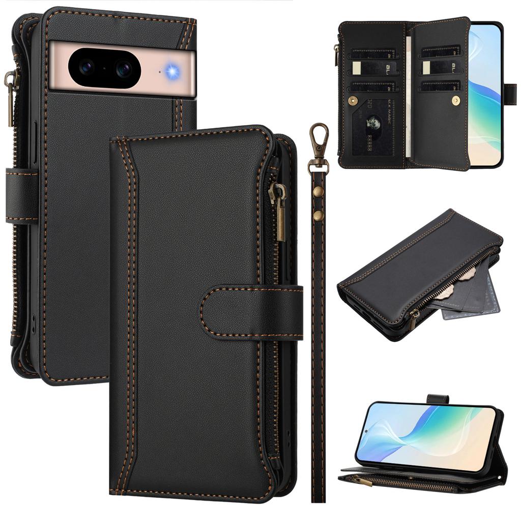 For Google Pixel 8a Leather Case 9 Card Slots Zipper Wallet Stand Phone Cover with Wrist Strap