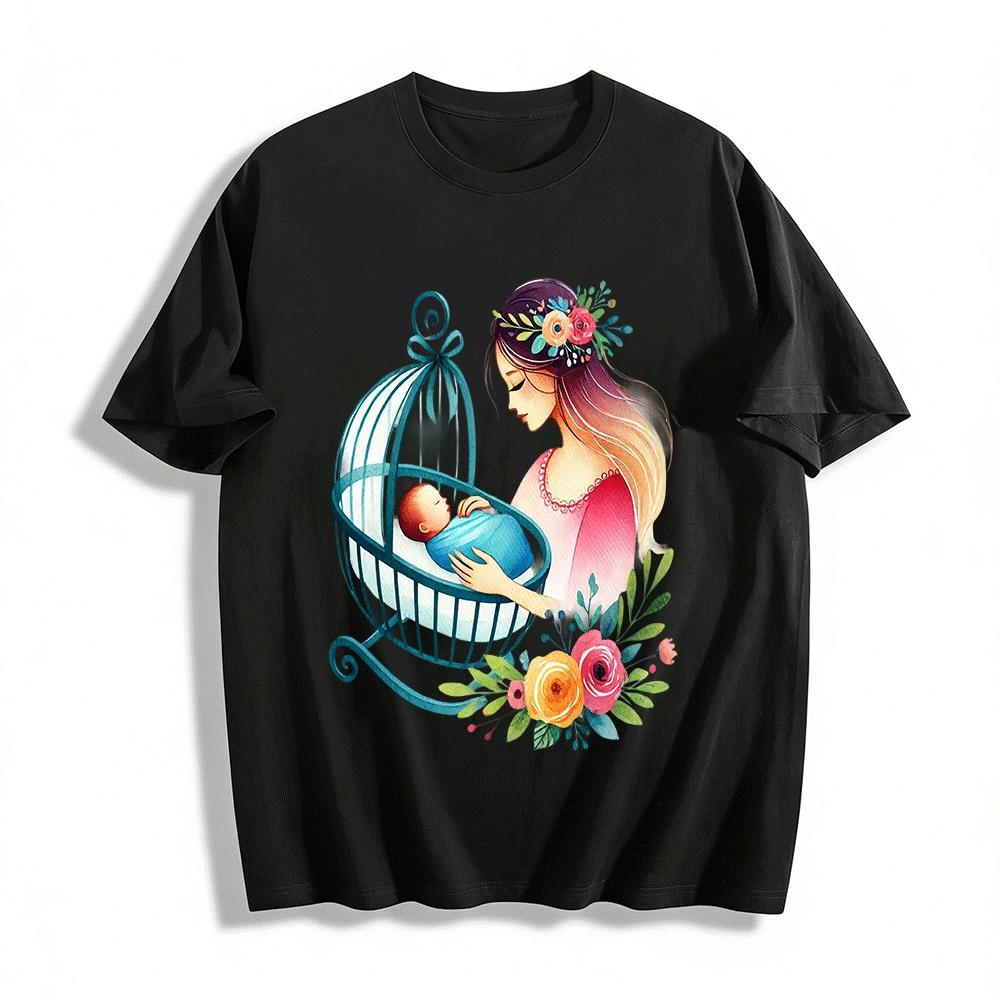 Mother And Baby Cradle Print Casual Daily Wear Top Pure cotton T-shirt XXS