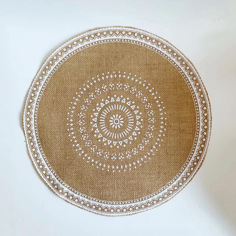 Boho Round Placemat 15 Inch,Farmhouse Woven Jute Fringe TableMats with Pompom Tassel Place Mat for Dining Room INS Table Decors