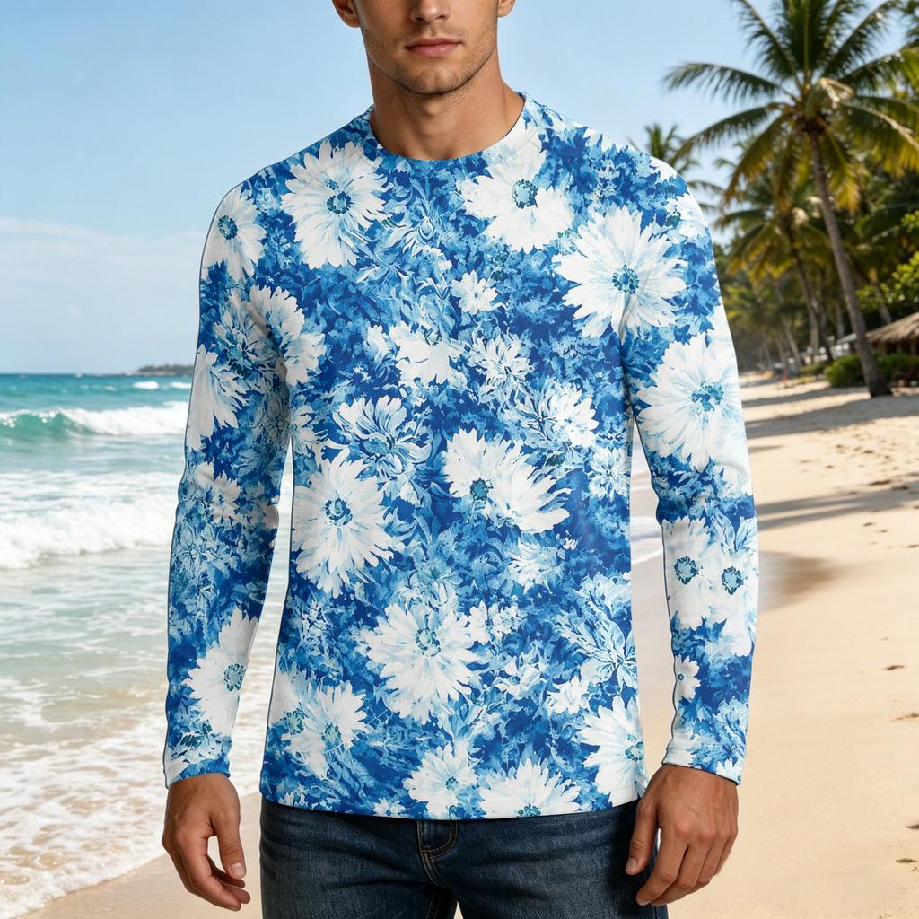 Men Long Sleeve UPF50 Plus Sun Protection Shirt UV Blocking Outdoor Sports Fishing Casual Top Floral Print Lightweight Fabric