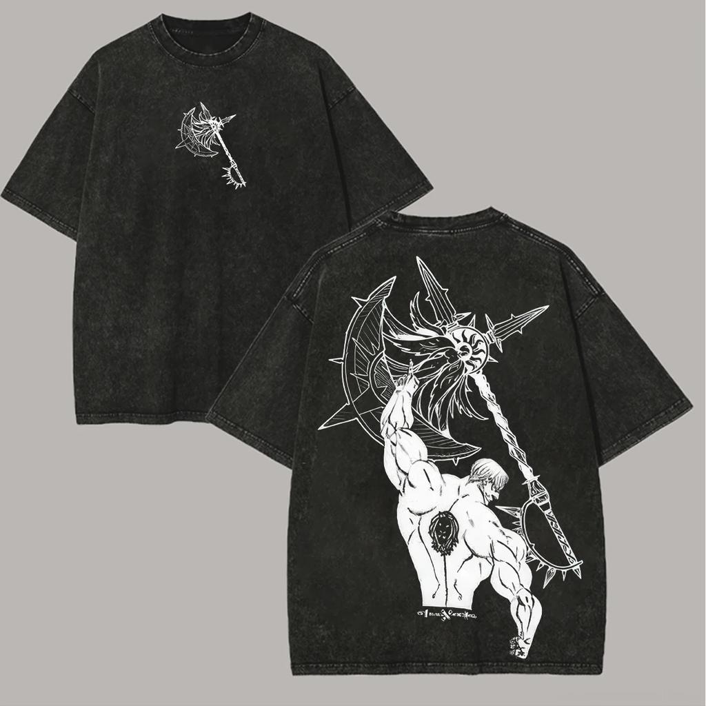 Anime-Liebhaber Sieben Todsünden Escanor Bedrucktes Unisex Gewaschenes Oversized T-Shirt Unisex Baumwolle Streetwear Kurzarm Unisex Kleidung