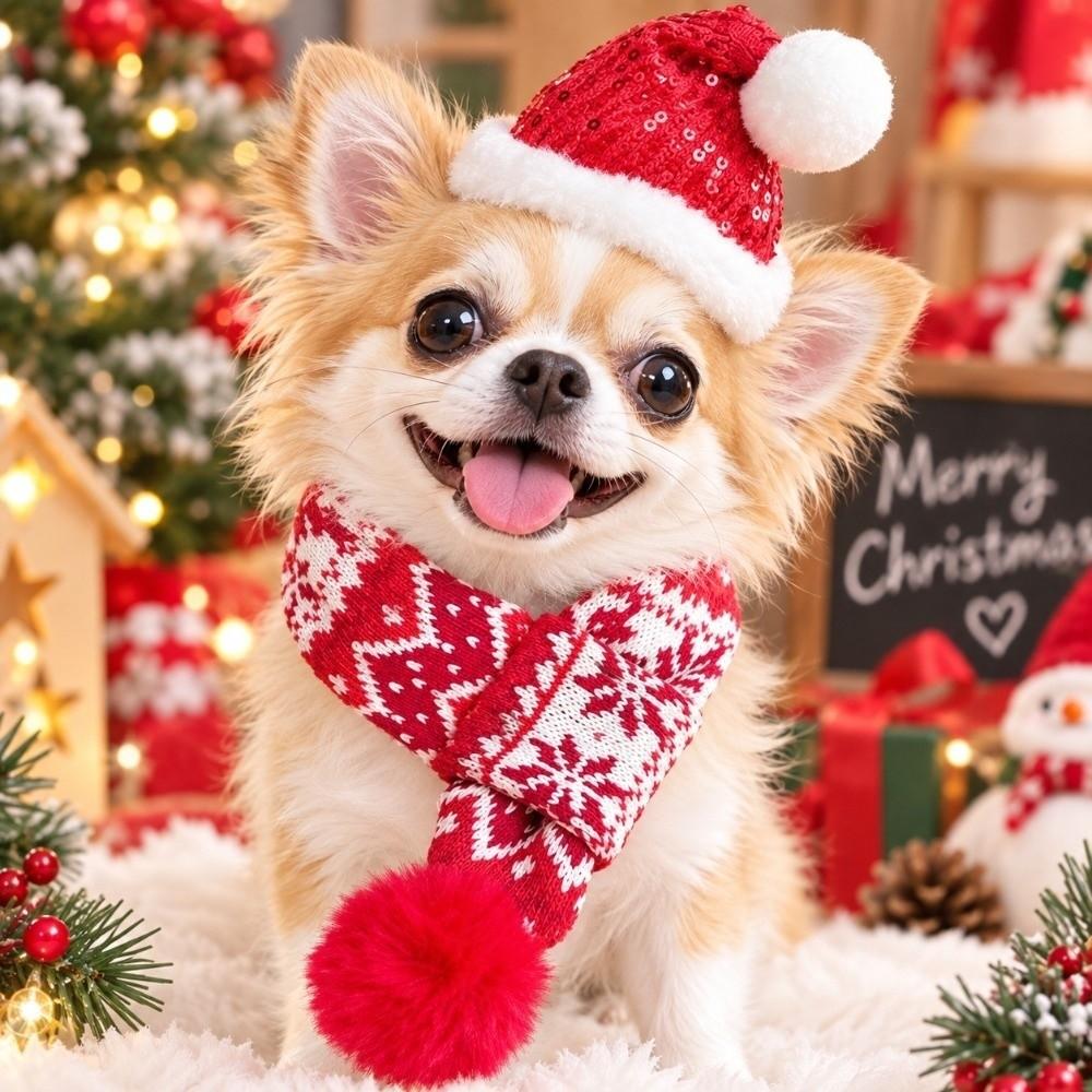 Thick Knit Cat Santa Hat Elastic Strap Pet Winter Warmer Christmas Dog Scarf  Festive Costume