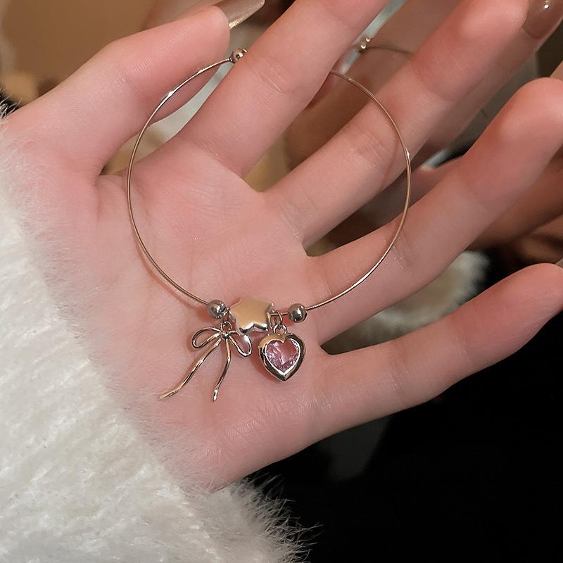 Fashion Women's Bowknot Pendant Bracelet Star Pink Zircon Heart Open Bangle Bracelet Accessory for Women Girl Y2K Style