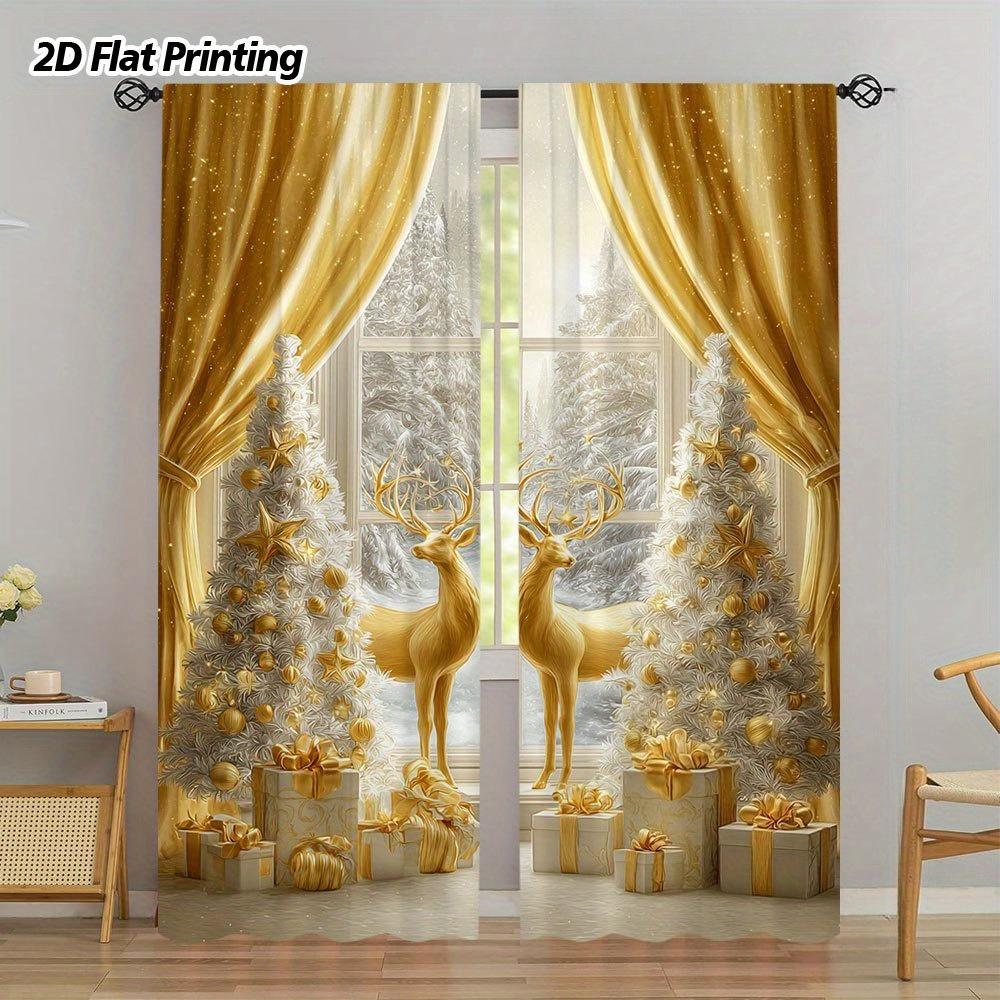 

Set Of 2 Gold Reindeer Christmas Scene Curtains Design Living Room Kitchen Office Bedroom Holiday Home Curtain With Rod Pocket Polyester Ideal For W100*H70(CM)-Hooks&1PCS