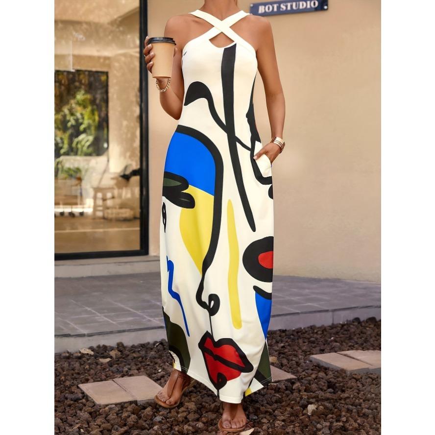 

YYFS Женская мода лето весна цвет блок принт без рукавов свисающий вырез свободная талия повседневные платья XXL белый