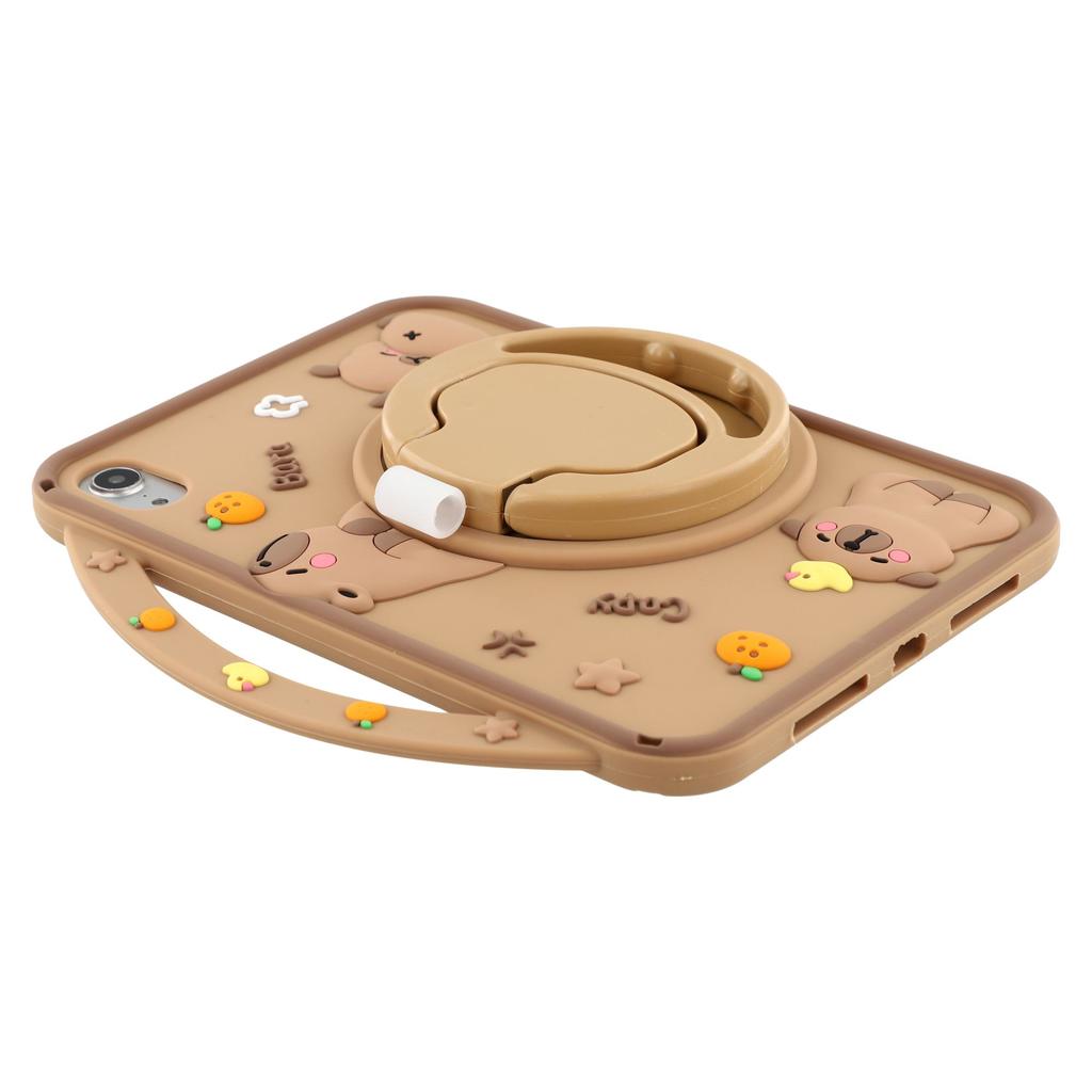 For iPad Mini (2024)/(2021) Silicone Case with Handle 360 Degree Rotating Kickstand Protective Cover Capybara Pattern