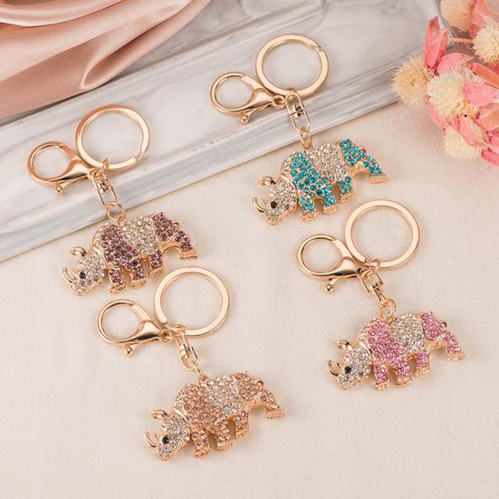 Keychain Pendant 3D Cartoon Rhinoceros Design Sparkling Rhinestones Inlaid Key Chain with Lobster Clasp Key Ring Bags Accessories