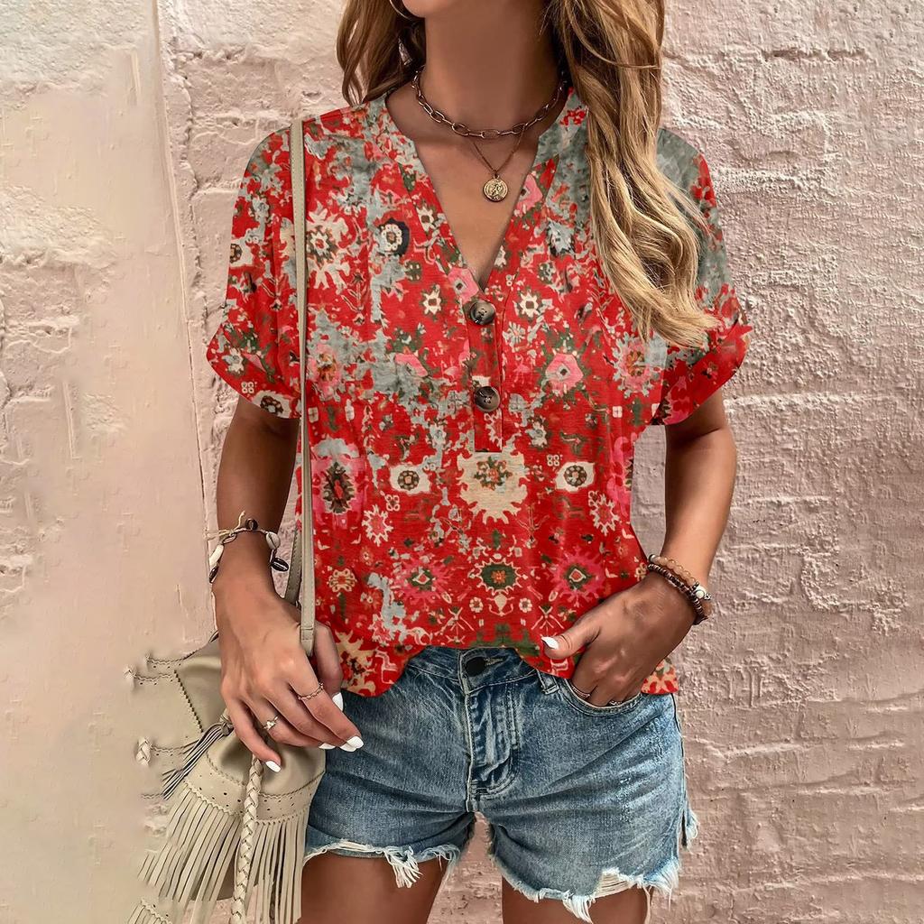 Fashion Womens Loose Summer Printing V Neck Button Button Short Sleeve Casual Tops
