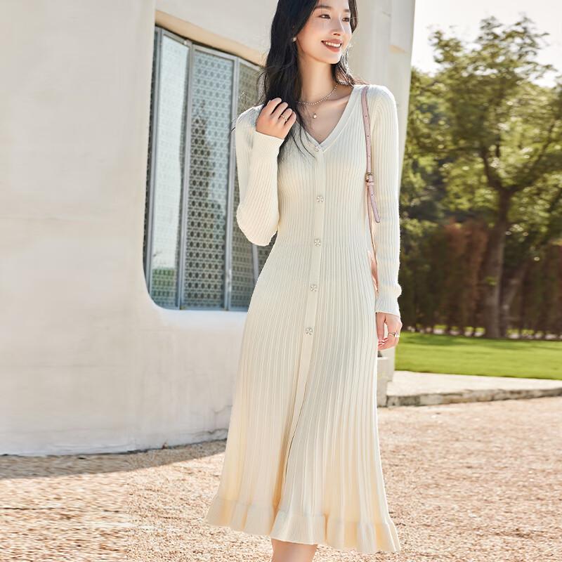 VICTORIA&VERA Women's Winter Ribbed V-Neck Knit Midi Dress