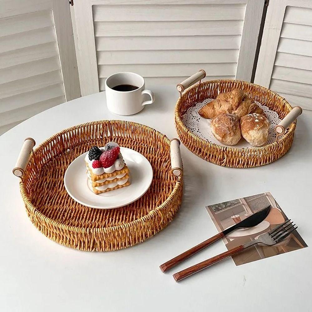 1Pcs Breakfast Bread Food Storage Tray Round Shape Plastic Rattan Threads Basket