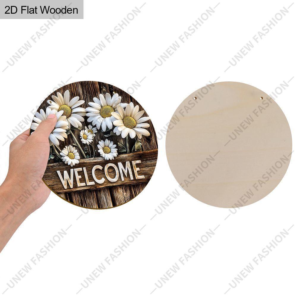 Daisy Welcome Round Wooden Hanging Sign, 2D Flat Printed Wall Door Ornament, Farmhouse Home Porch Decor Gift
