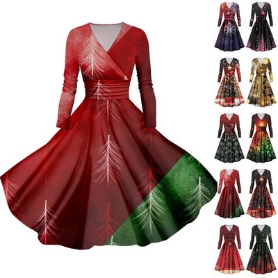 Women's Christmas Tree Snowflake Print V-Neck Slim Fit Long Sleeve Swing Dress
