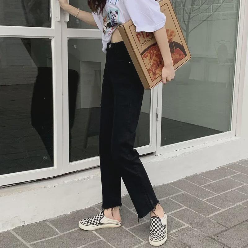 Blue-Gray High-Waist Slim Straight Jeans for Women - Autumn/Winter Elastic Raw Edge Cigarette Pants (Small Size)