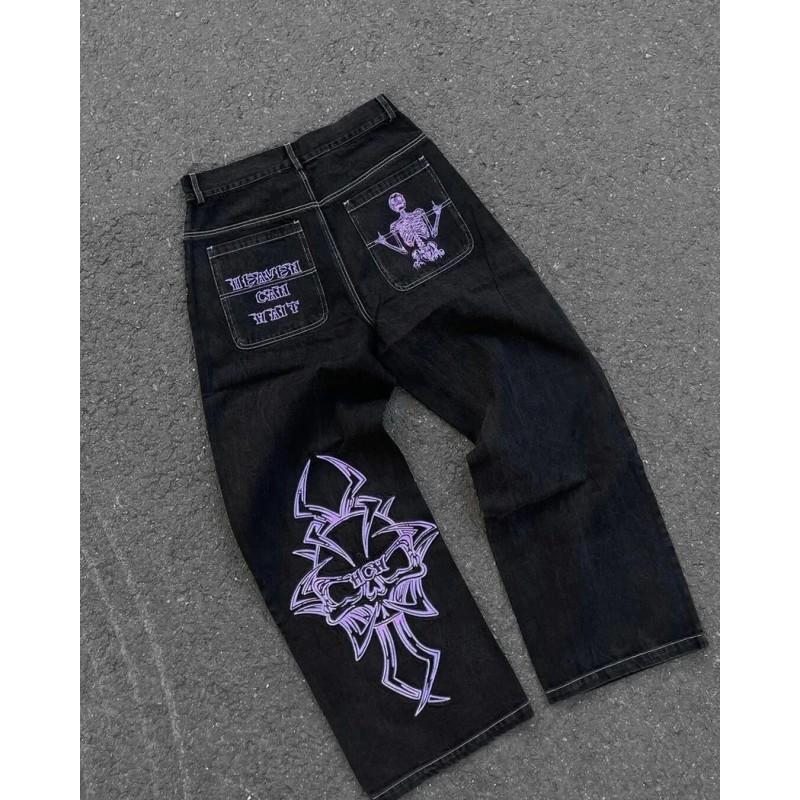Mens Y2K Streetwear Denim Pants High Waist Loose Fit Straight Leg Jeans With Embroidery
