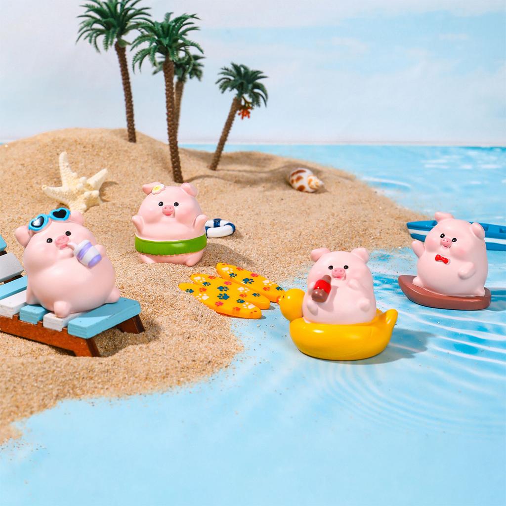 Creative Summer Pig Figurine Beach Themed Desk Decors Resins Animal Miniature Ornament For Home Office Tabletop Shelf
