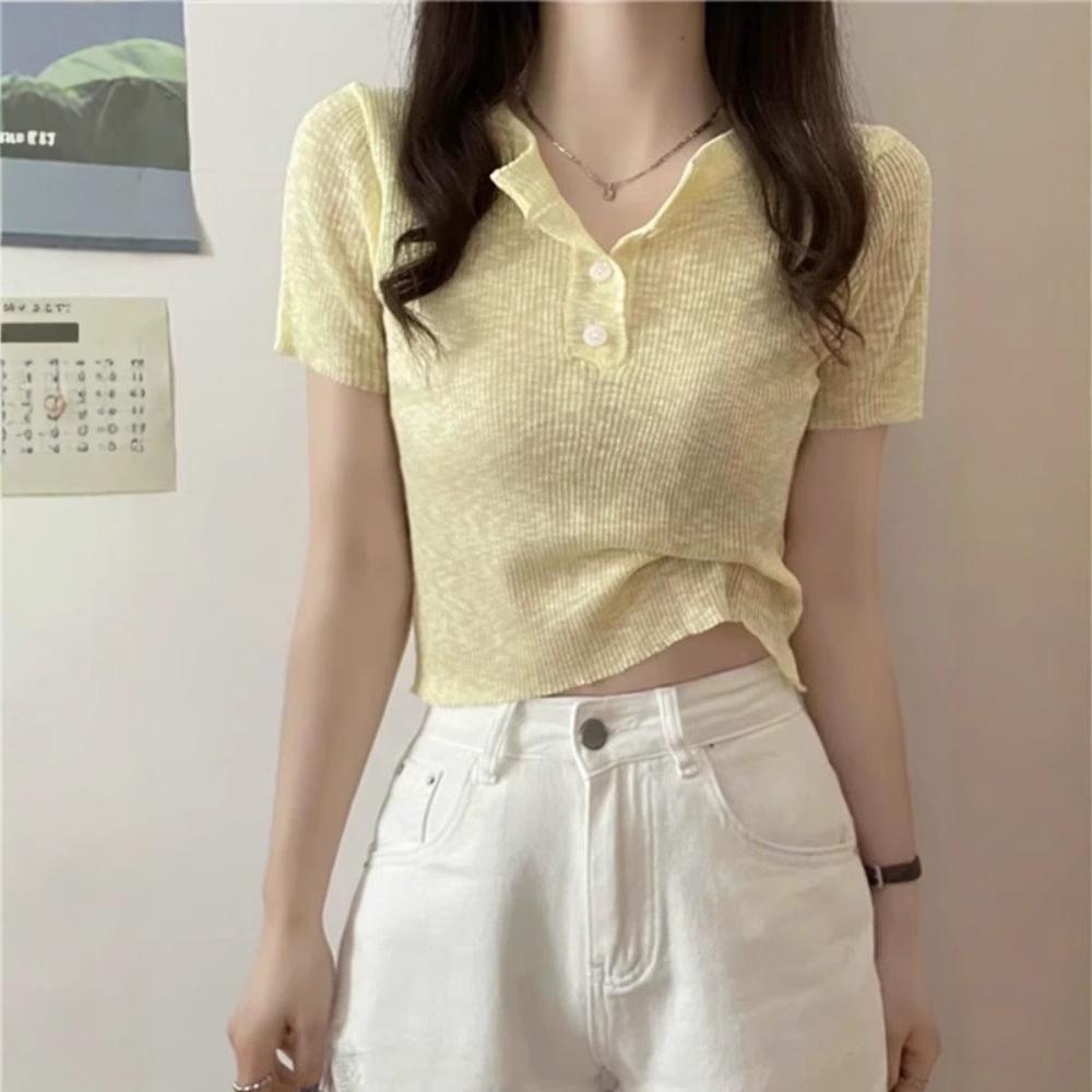 Ice silk knitted sweater short-sleeved knitted women's clothing summer new models, beautiful French short tops that are popular this year
