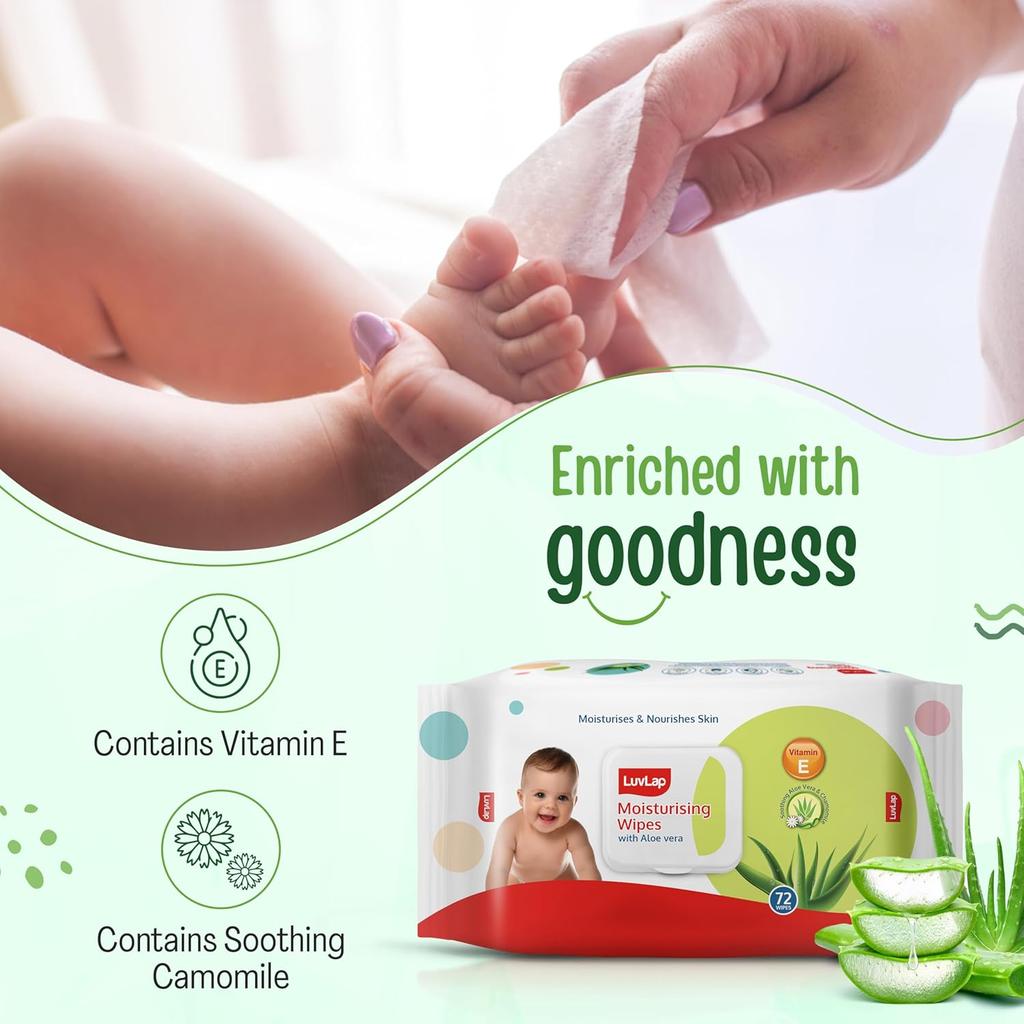 LuvLap Moisturising Baby Wipes With Aloe Vera And Chamomile Extracts Gentle Care For Delicate Skin 72 Wipes X Pack Of 3 With Lid Seal