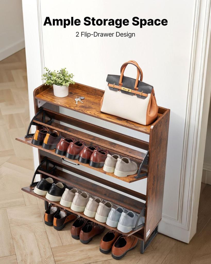 Shoe Cabinet with 2 Flip Drawers, Farmhouse Shoes Storage Cabinet with Metal Legs and Anti-Tipping Device, Freestanding Shoe Organizer Ideal for