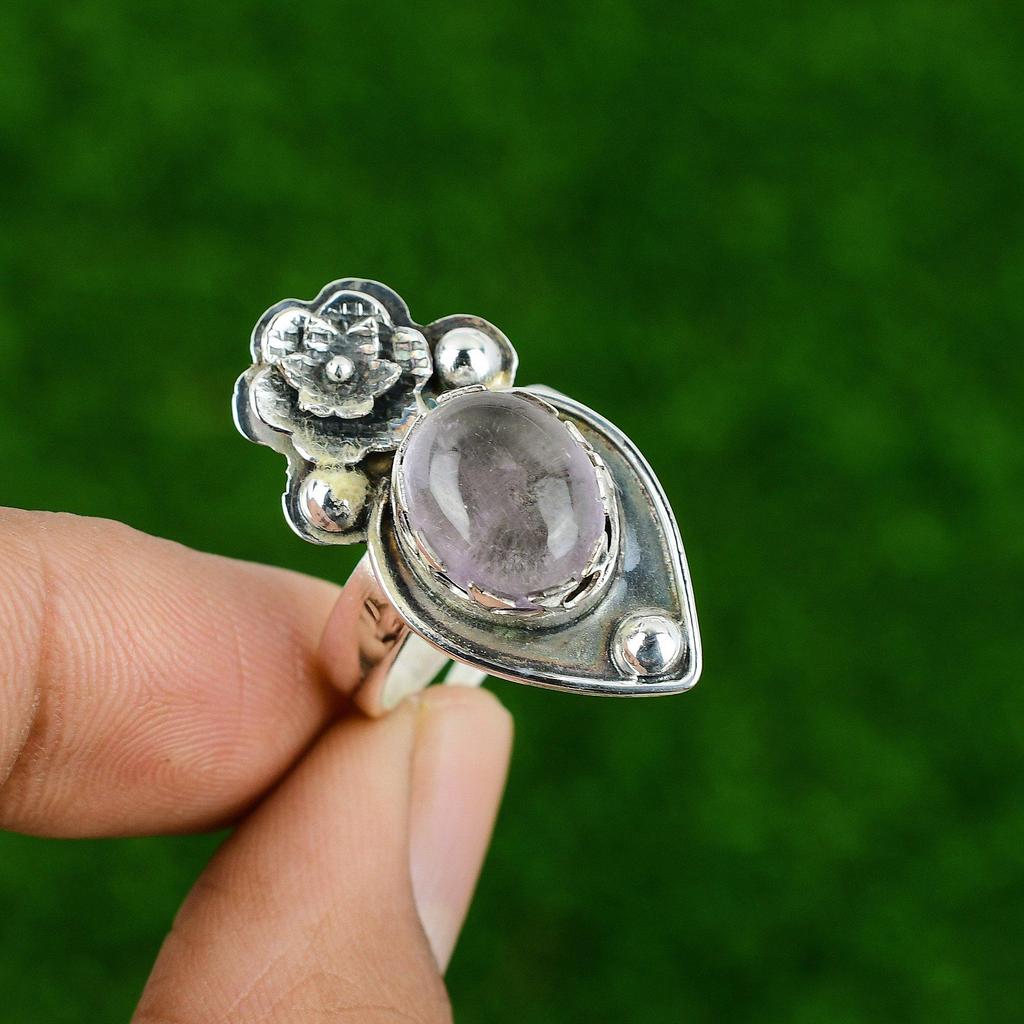Natural African Amethyst 925 Silver Promise Flower Adjustable Ring For Girls