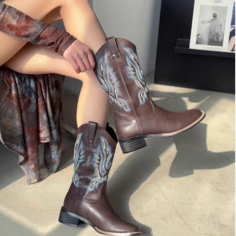 

Сапоги рыцаря в стиле вестерн с вышивкой Майяра для женщин, осенние, новые, квадратные, с V-образным вырезом, длинные сапоги 40 темно-коричневого