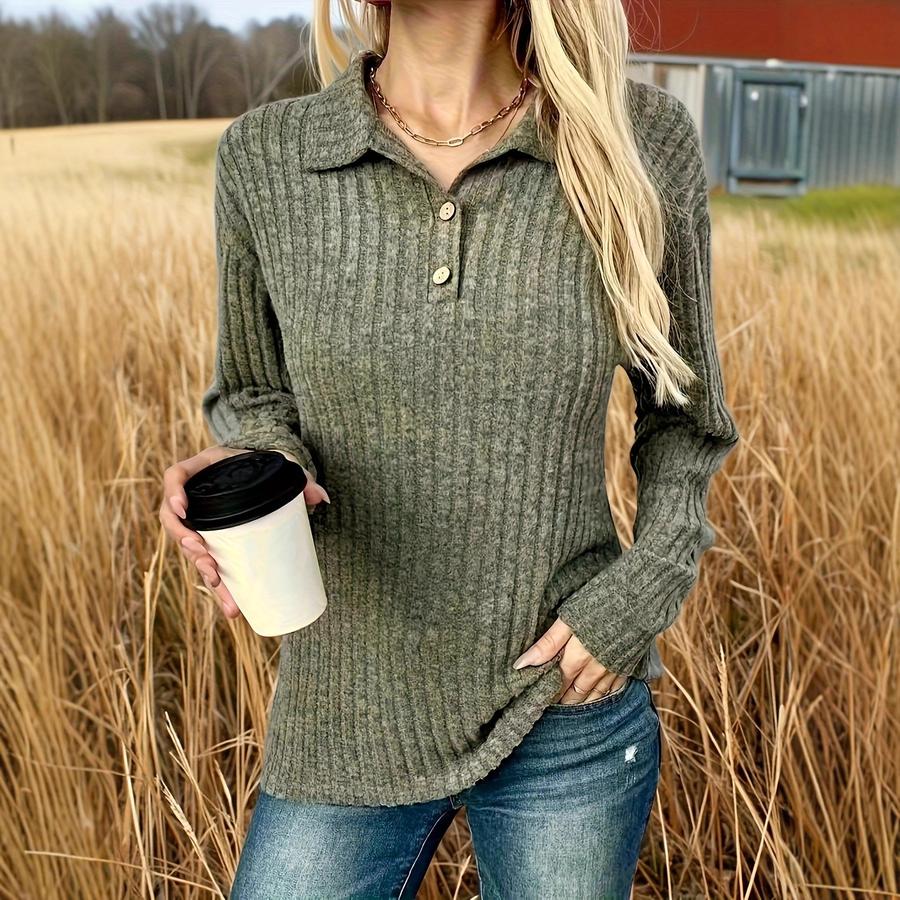 Autumn Korean Style Cute Age-Reducing Polo Collar Flax Flower Button Shoulder-Pinned Knitted Sweater Long Sleeve Top Women s Sweater S
