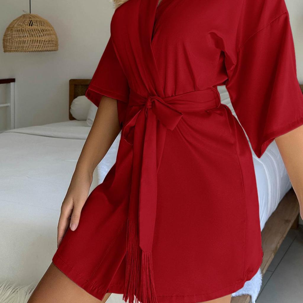 Women's Summer Tie Tassel Short Cardigan Bathrobe Nightgown Sleepwear