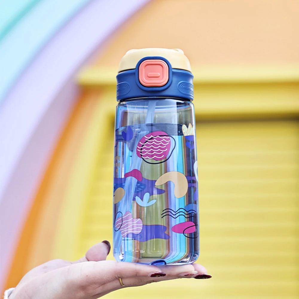 600ML Childrens Water Bottle With Straw Cute Kids Water Sippy Cup Outdoor Portable Cartoon Water Bottle for Children School Boba
