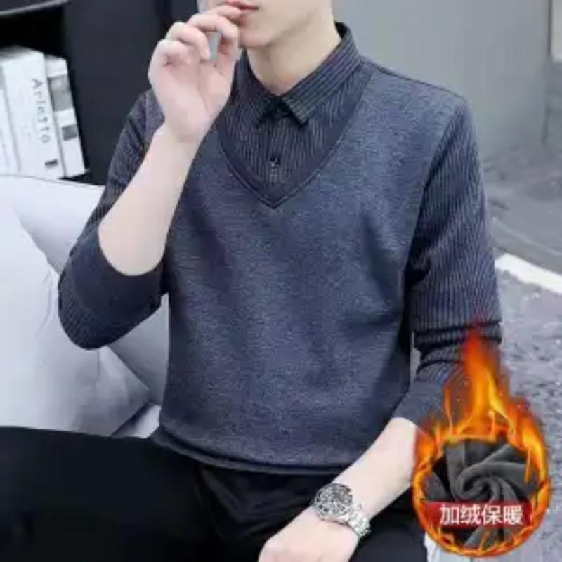 Men's Fake Two-piece Long-line Velvet Thickened Warm Jacket Middle-aged Elderly Chinese Style Bottoming