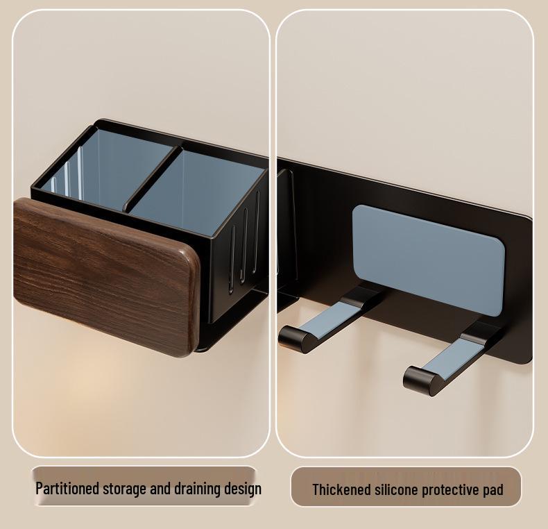 Walnut Hair Dryer & Makeup Brush Organizer, No-Drill Wall Mount
