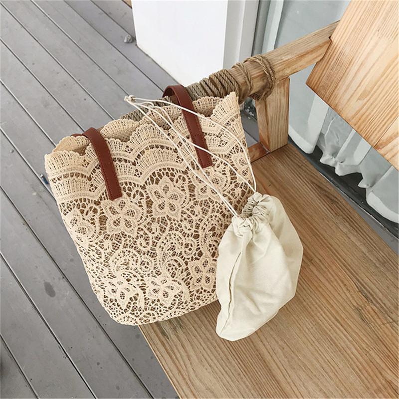 Borse in paglia intrecciata con design traforato 'Spiaggia Sabbiosa', Borsa a tracolla estiva in pizzo, Borsa a uncinetto con fiore all'uncinetto