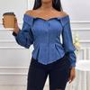 European and American Women clothes Off-shoulder blouse Top Waist Hugging Slimming Sexy Puff sleeve Long sleeve