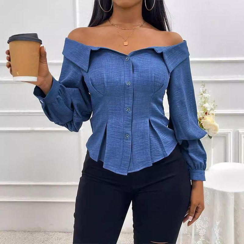 European and American Women clothes Off-shoulder blouse Top Waist Hugging Slimming Sexy Puff sleeve Long sleeve