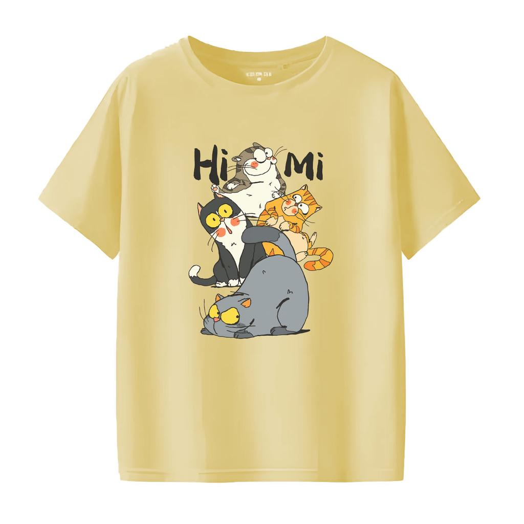 Cute cat HIMI cartoon print fashionable short sleeved round neck daily versatile Womens Tshirt suitable for all seasons
