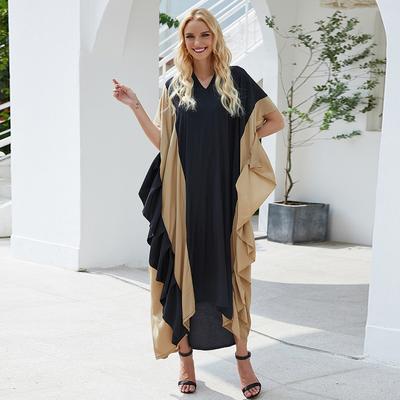 Damenkleidung V-Ausschnitt Kurzarm Colorblock Pilzspitze Langes Kleid Arabische Robe ABAYA