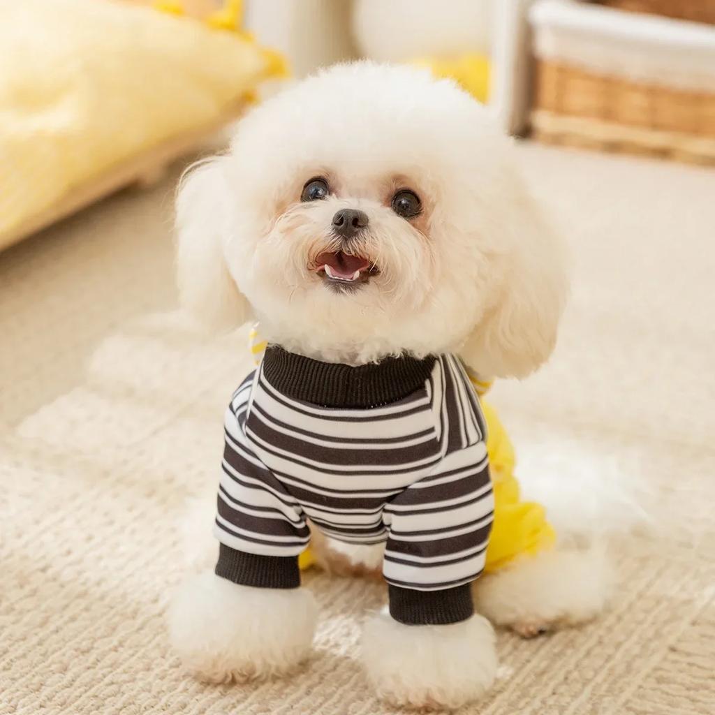 Autumn and Winter Pet Hoodie Striped Jumpsuit Cute Dog Traction Four Legged Coat Autumn Thin Velvet Teddy Pet Coat Puppy Clothes