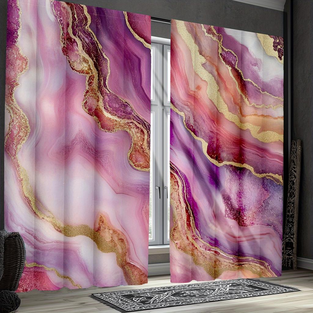 2pc Marble and Gold Abstract Print Curtains, Polyester Fabric, Machine Washable, Suitable for Living Room and Bedroom