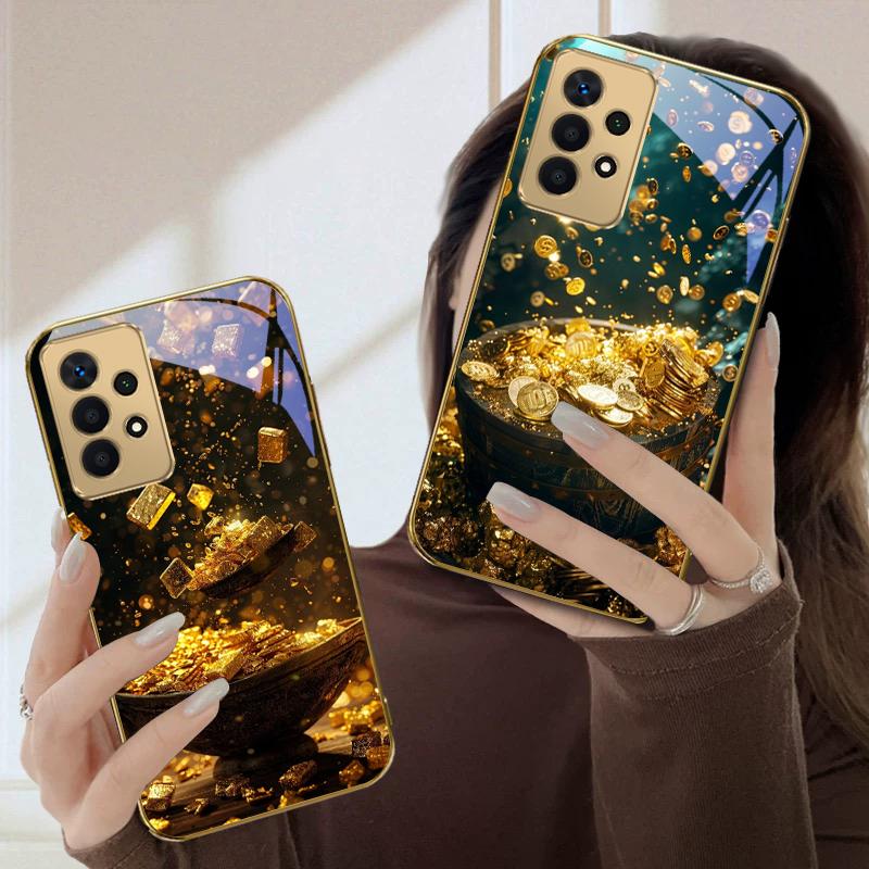 Large fragments of gold For Samsung A36 A35 A34 A33 A32 A31 A26 A25 A23 A22 A21s A73 A72 A71 A42 A56 13 Golden glass phone case