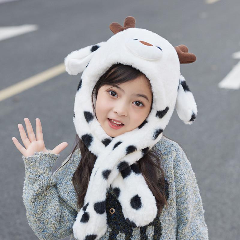 Childrens Cute Cartoon Hat With Moving Ears And Warm Neck Wrap For Snow Days