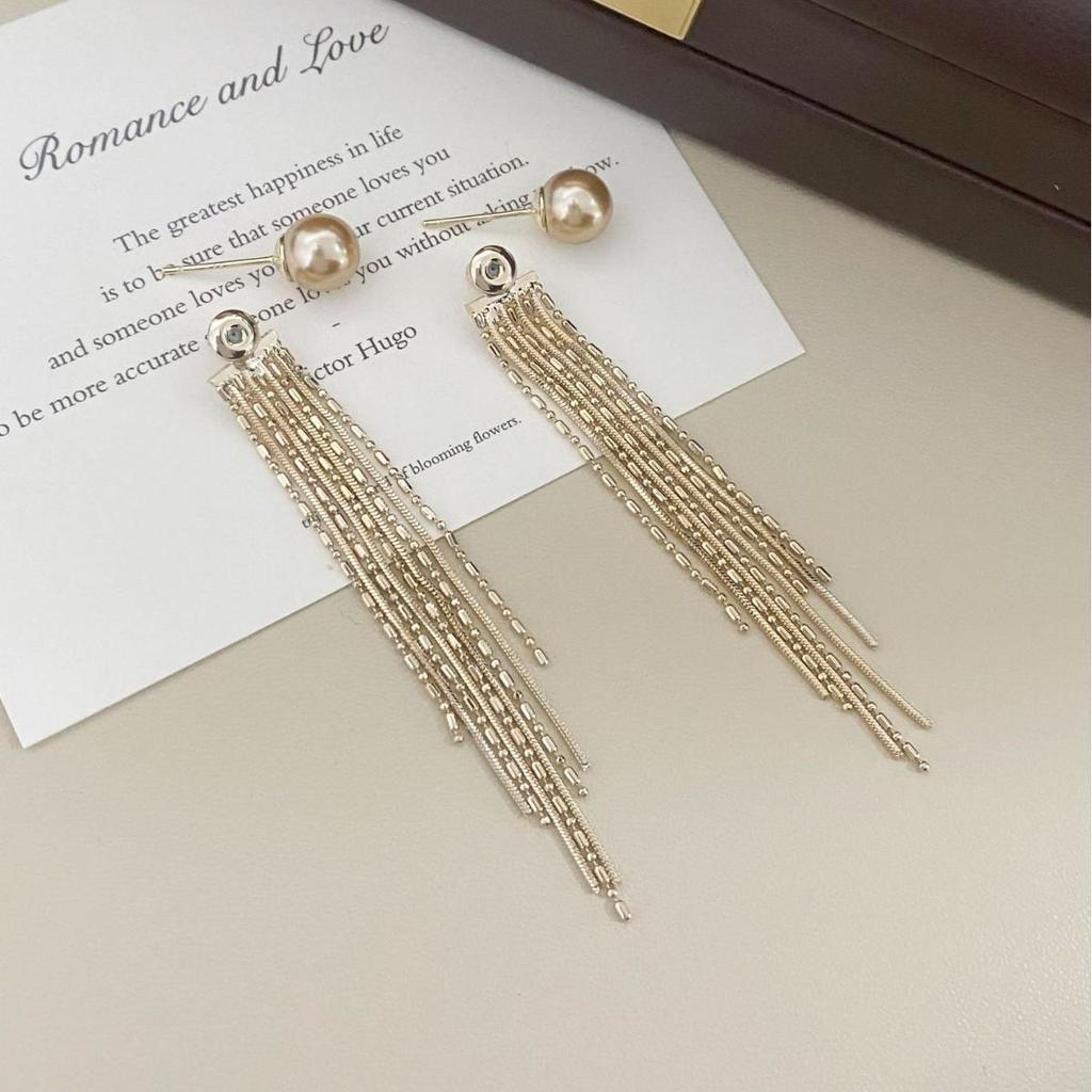 French Champagne Pearl Tassel Earrings: Versatile Retro Studs for Women