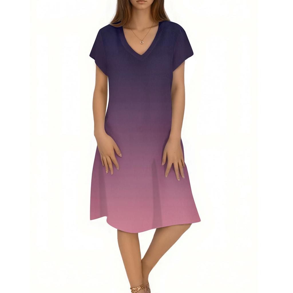 Ladies Casual Fashion V-neck Short Sleeve Gradient Print Mid-length Flowing Dress