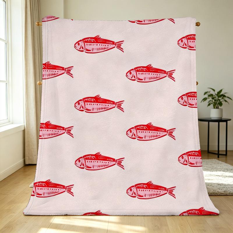 Soft Plush Flannel Blanket Red Fish Print Warm Cozy Throw for Home Dorm, Christmas Halloween Decor