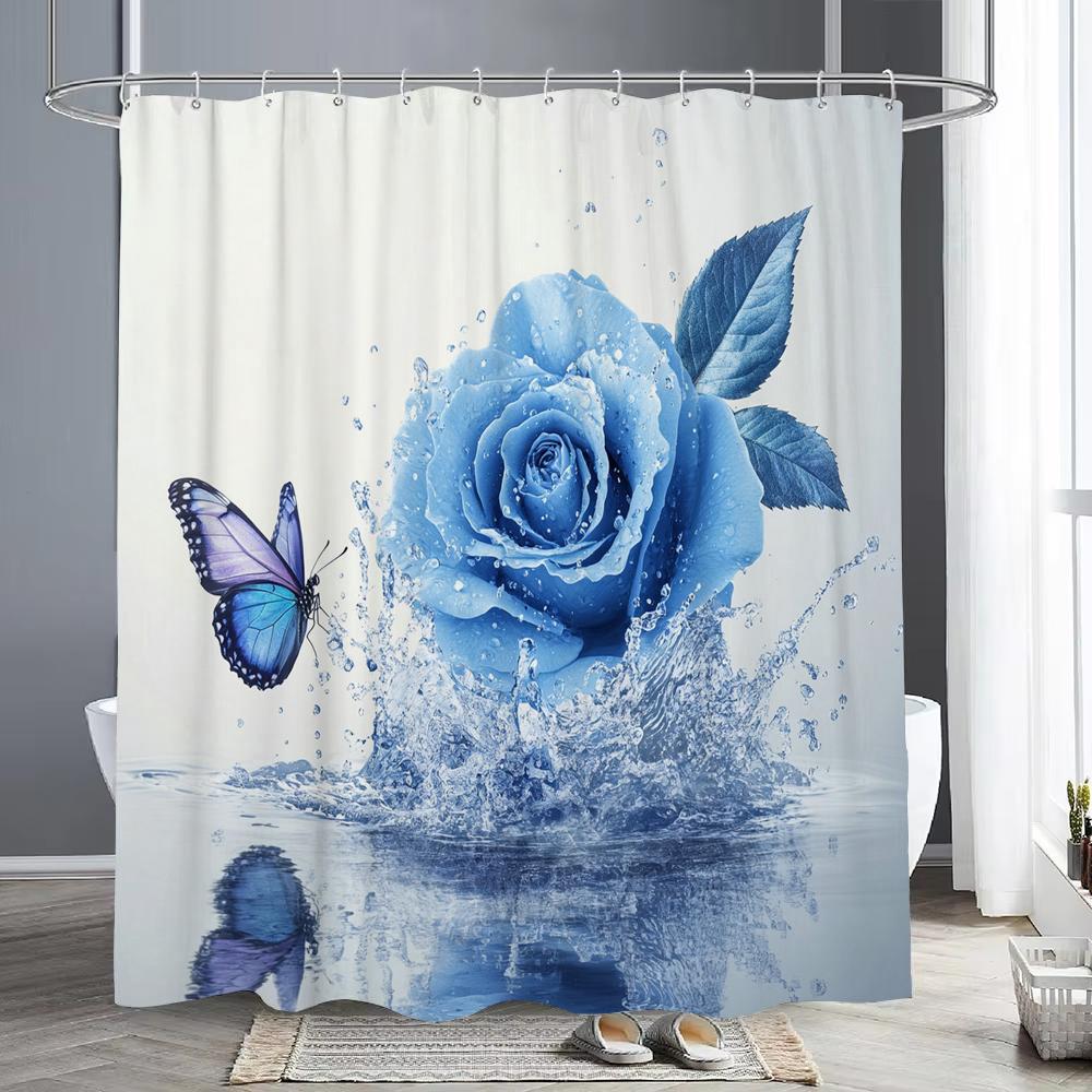 

Beautiful Blue Roses And Butterfly Shower Curtain, Bathroom Decorative Shower Curtain, Printing Shower Curtain With Hooks W60H190(CM)-1 Pcs