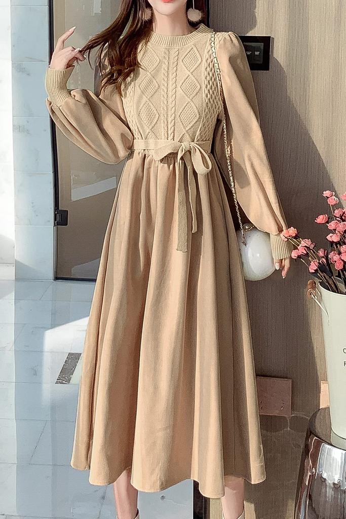 Chubikime Long Long Women's Dress, Knit, Layered, Midi, Sleeve, A-Line, Slimming, Ribbon, Stylish, Casual, Fall/Winter/Spring