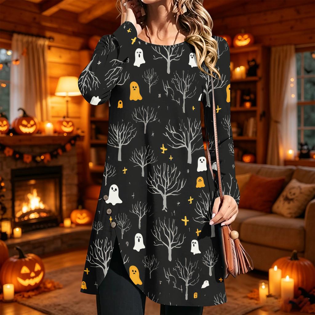 Women's Casual Long Sleeve Printed Round Neck Dress for Everyday Fashion