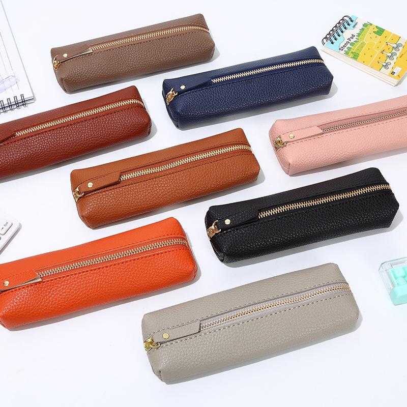Reißverschluss-Federmäppchen aus PU-Leder mit Litschi-Korn, Multifunktionale Aufbewahrungstasche für Schreibwaren & Make-up für Jungen & Mädchen