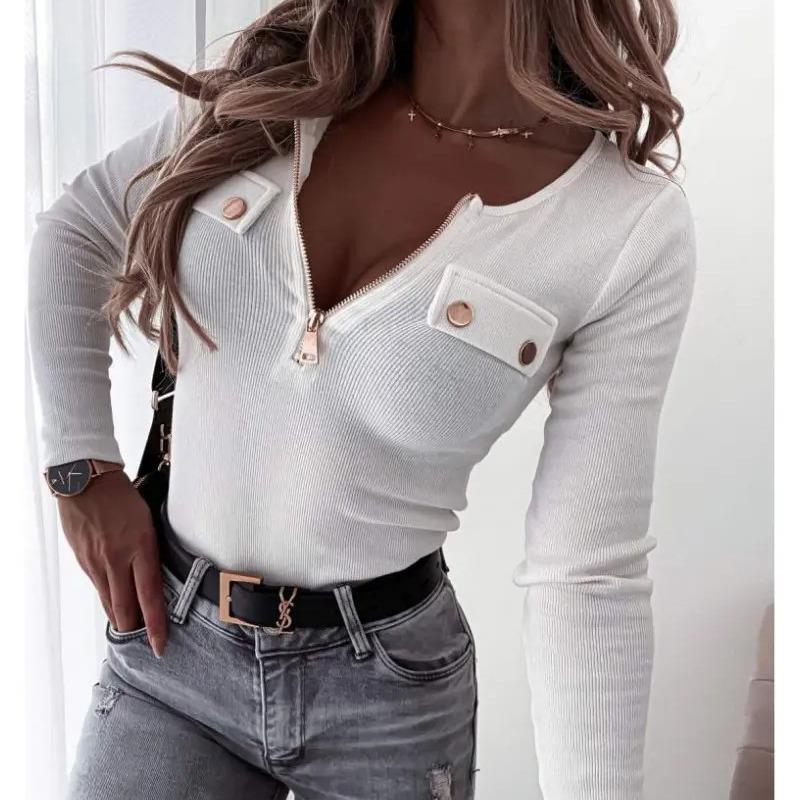 Fashion Knitted Slim-fit Long Sleeve Pullover Zipper Top T-Shirt